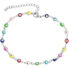 Edforce Stainless Steel Multi-Colored Evil Eye Pendant Anklet, 9"+2" Extender
