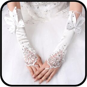Urieo Wedding Crystal Satin Gloves with Finger Loops Beige Bow Long Fingerless Glove Bridal Opera Party Elbow Glove for Women