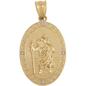 Solid 14k Gold Saint Christopher Diamond Oval Medal Catholic Protection Pendant (1")