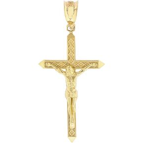 Solid 10k Yellow Gold Passion Catholic Cross Crucifix Charm Pendant (1.40")