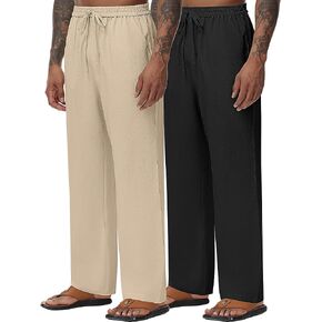 2 Pack Men's Linen Pants, Casual Pants with Pockets Lightweight Pants Elastic Waist Yoga Lounge Trousers