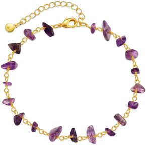 Boho Crystal Anklet for Women Spiritual, Natural Gemstone Ankle Bracelet for Teen Girls, Gold Tone Adjustable Large Ankle Bracelets for Women Plus Size, Amethyst Beaded Chain Anklets for Foot Jewelry