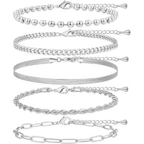 Poxtex Ankle Bracelets for Women, Adjustable Waterproof Anklets for Women Trendy, Dainty Anklets for Women Large Ankle, Sterling Silver  Silver Brass, no gemstone