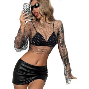 Women Mesh Rhinestone Sexy Long Sleeve Crystal See Through Cover up Crop Tops Fishnet Bikini