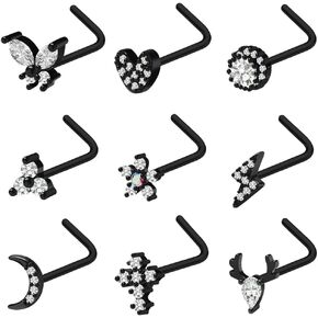 Pierstyles 20G Nose Ring Studs for Women Men Black 316L Stainless Steel Flower Heart CZ Nose Ring L Shaped Nose Screw Studs Set Nostril Nose Piercing Jewelry