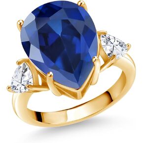 Gem Stone King 18K Yellow Gold Plated Silver 3-Stone Ring Pear Shape Blue Created Sapphire and Moissanite (11.14 Cttw)