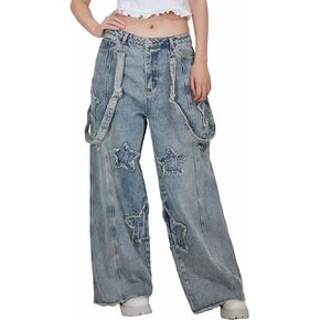 Women's Y2k Wide Leg Baggy Denim Bib Pants Jeans Pants with Detachable Shoulder Straps and Pockets