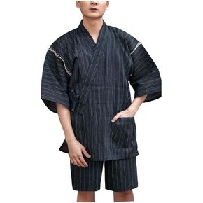 Men's Kimono Japanese Jinbei Shirt and Pant Cotton Linen Loungewear Lounge Set Spa Bathrobe, Style 5 Multicolor