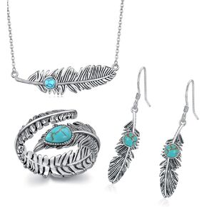 BETHZA Feather Necklace and Adjustable Feather Ring and Feather Earrings with Genuine Turquoise for women