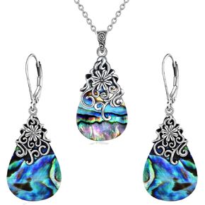 POPLYKE Sterling Silver Abalone Shell Filigree Teardrop Necklace Earrings Set Vintage Jewelry for Women