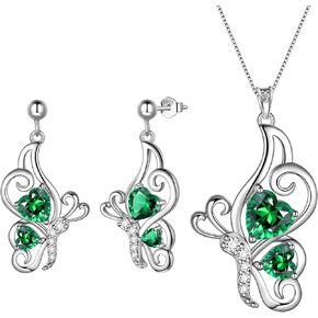 Butterfly Heart Jewellery Sets - Women 925 Sterling Silver Animal Butterflies Birthstone Necklace Earring Bracelet Set Crystal Wedding Birthday Jewelry