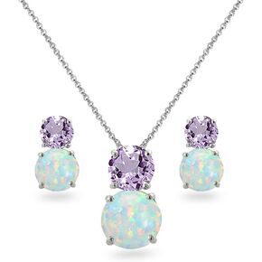 B. BRILLIANT Opal Necklace and Earrings Jewelry Set for Women Girls or Bridesmaids, Genuine, Simulated or Created Gem & Opal Double Round Stones, 925 Sterling Silver Sets With Gift Box