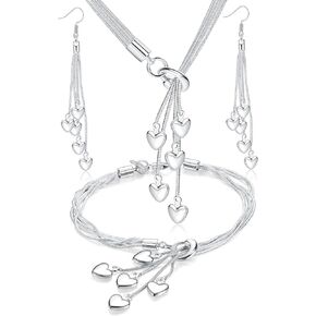 Sanfenly 4 قطع القلب قلادة سوار أقراط للنساء الفضة سلسلة خمسة أسطر مع خمسة القلب سحر القلب مجموعة مجوهرات لعيد الحب هدية عيد الأم in Kuwait