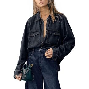 Paintcolors Womens Button Down Denim Shirt Regular Fit Long Sleeve Casual Work Blouses Chambray Tunic Tops Jacket with Pocket