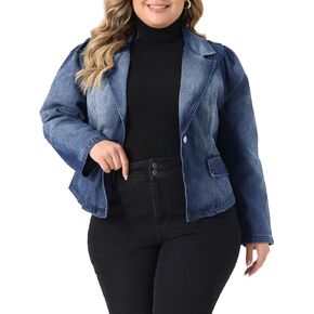 Agnes Orinda Plus Size Denim Jackets for Women Jean Lapel Long Sleeve Casual Work Blazer