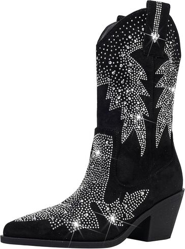 Bapolee Women's Sparkly Rhinestone Bling Cowgirl Suede Western Boots Shiny Pointed Toe Chunky Heel Glitter Ankle Booties in Saudi Arabia
