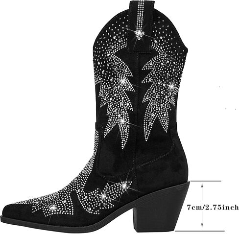 Bapolee Women's Sparkly Rhinestone Bling Cowgirl Suede Western Boots Shiny Pointed Toe Chunky Heel Glitter Ankle Booties in Saudi Arabia