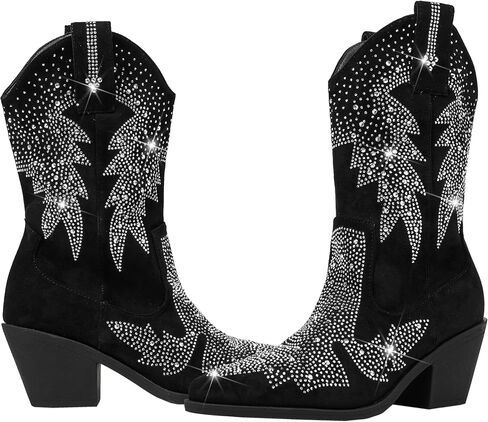 Bapolee Women's Sparkly Rhinestone Bling Cowgirl Suede Western Boots Shiny Pointed Toe Chunky Heel Glitter Ankle Booties in Saudi Arabia
