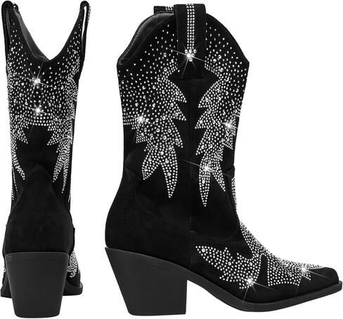 Bapolee Women's Sparkly Rhinestone Bling Cowgirl Suede Western Boots Shiny Pointed Toe Chunky Heel Glitter Ankle Booties in Saudi Arabia