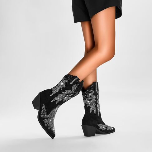 Bapolee Women's Sparkly Rhinestone Bling Cowgirl Suede Western Boots Shiny Pointed Toe Chunky Heel Glitter Ankle Booties in Saudi Arabia