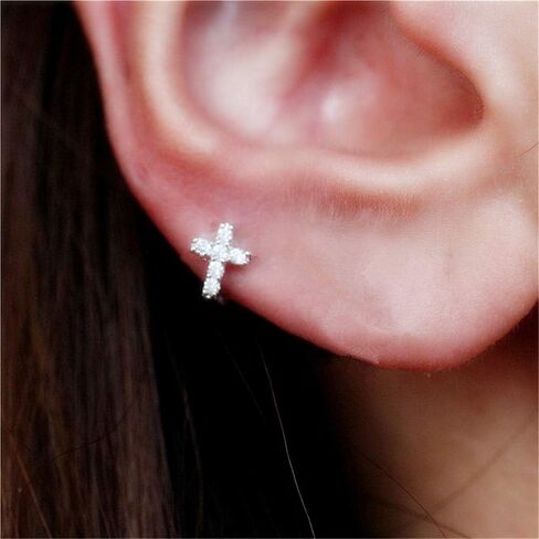 Cross Earrings Cubic Zirconia Cartilage Small Hinged Huggie Hoop Earrings for Women Girls S925 Sterling Silver Tiny CZ Tragus Stud Helix Upper Ear Dainty Crystal Jewelry Christmas Gifts in Saudi Arabia