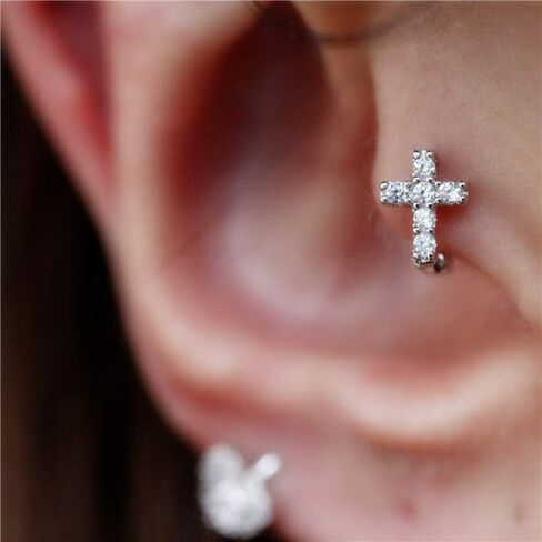 Cross Earrings Cubic Zirconia Cartilage Small Hinged Huggie Hoop Earrings for Women Girls S925 Sterling Silver Tiny CZ Tragus Stud Helix Upper Ear Dainty Crystal Jewelry Christmas Gifts in Saudi Arabia