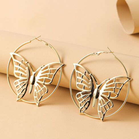 Butterfly Hoop Earrings Hollow Round Butterfly Earrings Big Gold Circle Earrings for Women Girls Jewelry Gifts in Saudi Arabia
