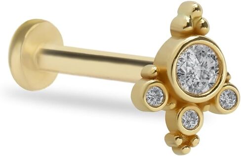 Labret Cartilage Piercing Earring With Zircons - 14K Solid Yellow Gold - For Helix Tragus Lobe Conch Flat & Other Body Piercing BY KORAL JEWELRY in Saudi Arabia
