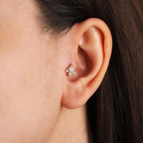 Labret Cartilage Piercing Earring With Zircons - 14K Solid Yellow Gold - For Helix Tragus Lobe Conch Flat & Other Body Piercing BY KORAL JEWELRY in Saudi Arabia