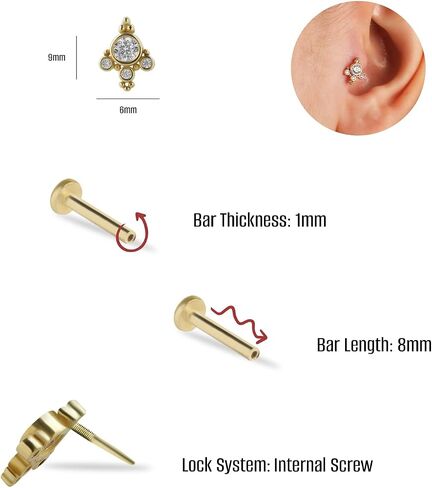 Labret Cartilage Piercing Earring With Zircons - 14K Solid Yellow Gold - For Helix Tragus Lobe Conch Flat & Other Body Piercing BY KORAL JEWELRY in Saudi Arabia