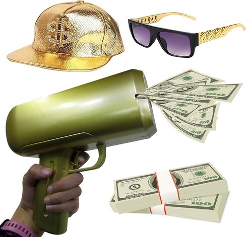 Make it Rain Costume | 80s/90s Hip Hop Costume Kit with Cash Cannon | Gold Cap Dollar Sign & Sunglasses | For Party, Movie, Game | Millionaire Costume Outfit For Men & Women in Saudi Arabia