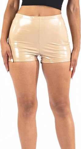 OFENTI Women's Shiny PU Booty Shorts - High Waist Hotpants with Tight Fit - Latex-Like Shorts in Saudi Arabia
