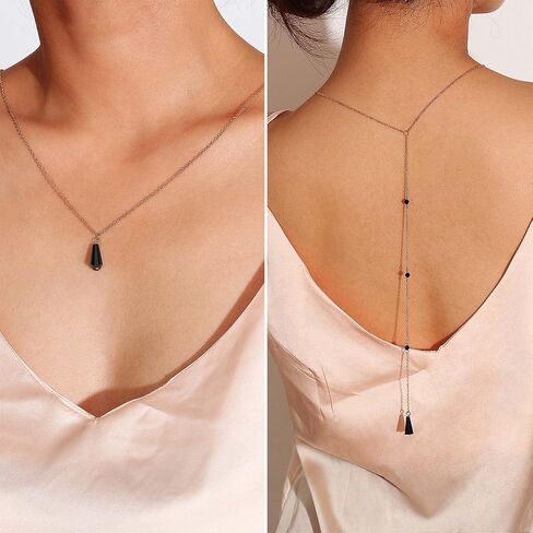 Sttiafay Black Crystal Back Chain Necklace Silver Backlace Y-Necklace Long Tassel Back Necklace Bride Wedding Jewelry for Women in Saudi Arabia