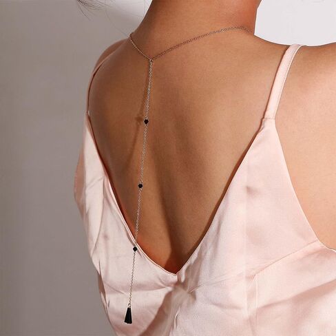 Sttiafay Black Crystal Back Chain Necklace Silver Backlace Y-Necklace Long Tassel Back Necklace Bride Wedding Jewelry for Women in Saudi Arabia