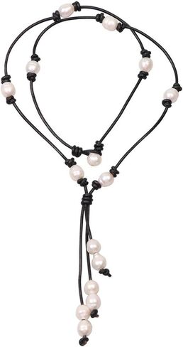 Long Y-shaped Freshwater Pearls Pendant Necklace on Round Leather Tassel Jewelry in Saudi Arabia