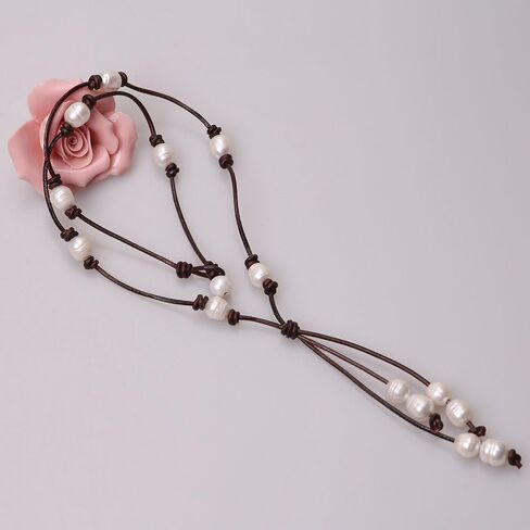 Long Y-shaped Freshwater Pearls Pendant Necklace on Round Leather Tassel Jewelry in Saudi Arabia