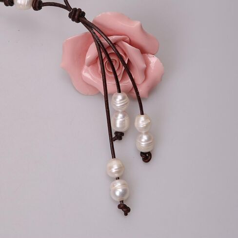 Long Y-shaped Freshwater Pearls Pendant Necklace on Round Leather Tassel Jewelry in Saudi Arabia