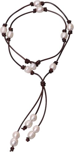 Long Y-shaped Freshwater Pearls Pendant Necklace on Round Leather Tassel Jewelry in Saudi Arabia