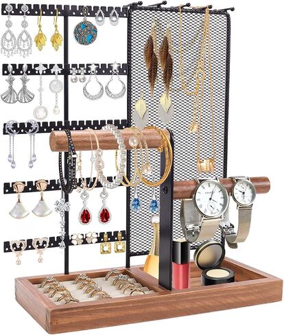 ZOLGINAH Jewelry Organizer Stand 5-Tier Earring Holder Organizer Jewelry Tree Display Storage with 80 Earring Holes & Organizer Mesh, 10 Necklace Hooks, 2 Bracelet Holder, Velvet Ring Holder (Black) in Saudi Arabia