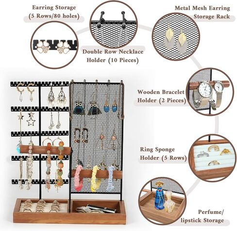ZOLGINAH Jewelry Organizer Stand 5-Tier Earring Holder Organizer Jewelry Tree Display Storage with 80 Earring Holes & Organizer Mesh, 10 Necklace Hooks, 2 Bracelet Holder, Velvet Ring Holder (Black) in Saudi Arabia