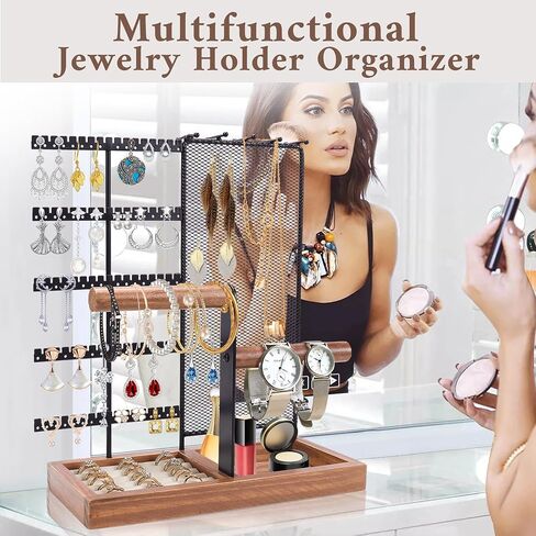 ZOLGINAH Jewelry Organizer Stand 5-Tier Earring Holder Organizer Jewelry Tree Display Storage with 80 Earring Holes & Organizer Mesh, 10 Necklace Hooks, 2 Bracelet Holder, Velvet Ring Holder (Black) in Saudi Arabia
