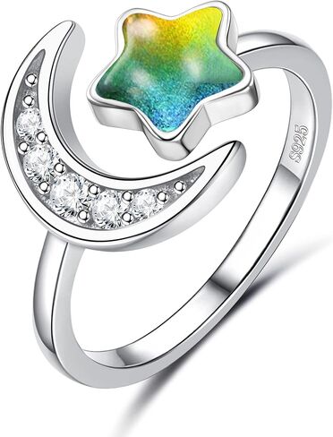 ADRAMATA 925 Sterling Silver Mood Ring Moon Star Open Adjustable Rings for Women 18K White Gold Plated Color Changing Mood Rings Temperature-Control Rings Star and Moon Rings Statement Jewelry in Kuwait
