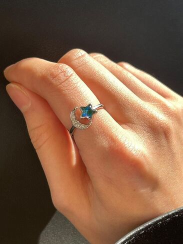 ADRAMATA 925 Sterling Silver Mood Ring Moon Star Open Adjustable Rings for Women 18K White Gold Plated Color Changing Mood Rings Temperature-Control Rings Star and Moon Rings Statement Jewelry in Kuwait