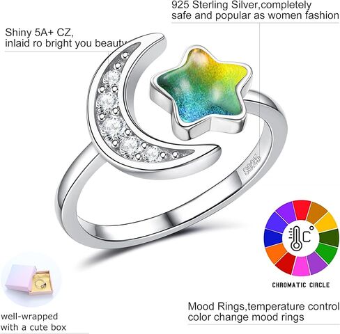 ADRAMATA 925 Sterling Silver Mood Ring Moon Star Open Adjustable Rings for Women 18K White Gold Plated Color Changing Mood Rings Temperature-Control Rings Star and Moon Rings Statement Jewelry in Kuwait