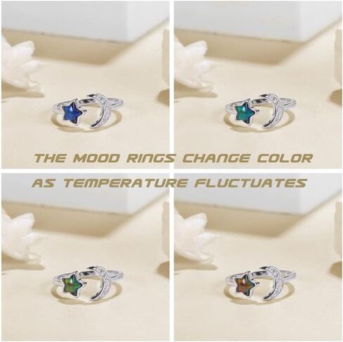 ADRAMATA 925 Sterling Silver Mood Ring Moon Star Open Adjustable Rings for Women 18K White Gold Plated Color Changing Mood Rings Temperature-Control Rings Star and Moon Rings Statement Jewelry in Kuwait