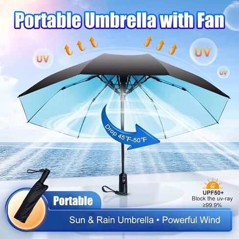 WOOLALA UV Sun Umbrella with Fan, Portable Cooling Fan Umbrella UPF 50+ Foldable Umbrella for Sun & Rain, USB Rechargeable Travel Umbrella Personal Fan for Heatstroke, Hot Days in Saudi Arabia