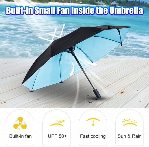 WOOLALA UV Sun Umbrella with Fan, Portable Cooling Fan Umbrella UPF 50+ Foldable Umbrella for Sun & Rain, USB Rechargeable Travel Umbrella Personal Fan for Heatstroke, Hot Days in Saudi Arabia