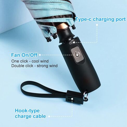 WOOLALA UV Sun Umbrella with Fan, Portable Cooling Fan Umbrella UPF 50+ Foldable Umbrella for Sun & Rain, USB Rechargeable Travel Umbrella Personal Fan for Heatstroke, Hot Days in Saudi Arabia