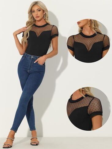Allegra K Short Sleeve Bodysuit for Women's Mesh Panel V Neck Casual Knit Top in Saudi Arabia