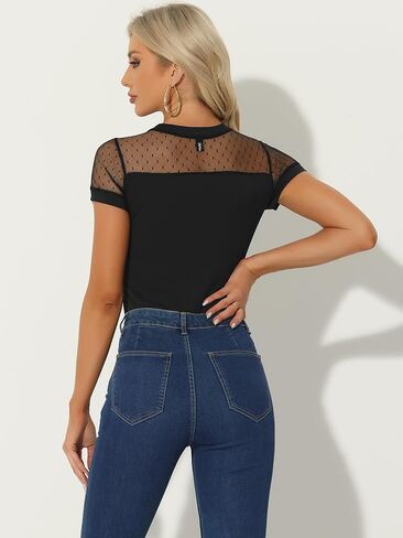 Allegra K Short Sleeve Bodysuit for Women's Mesh Panel V Neck Casual Knit Top in Saudi Arabia